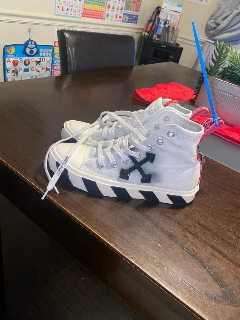 Off-White White and Black Canvas High-Top Sneakers with Orange Tag